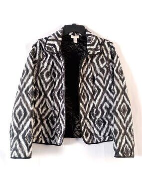 Chicos Ikat Quilted Jacket M 8 Black White Open Front Lightweight